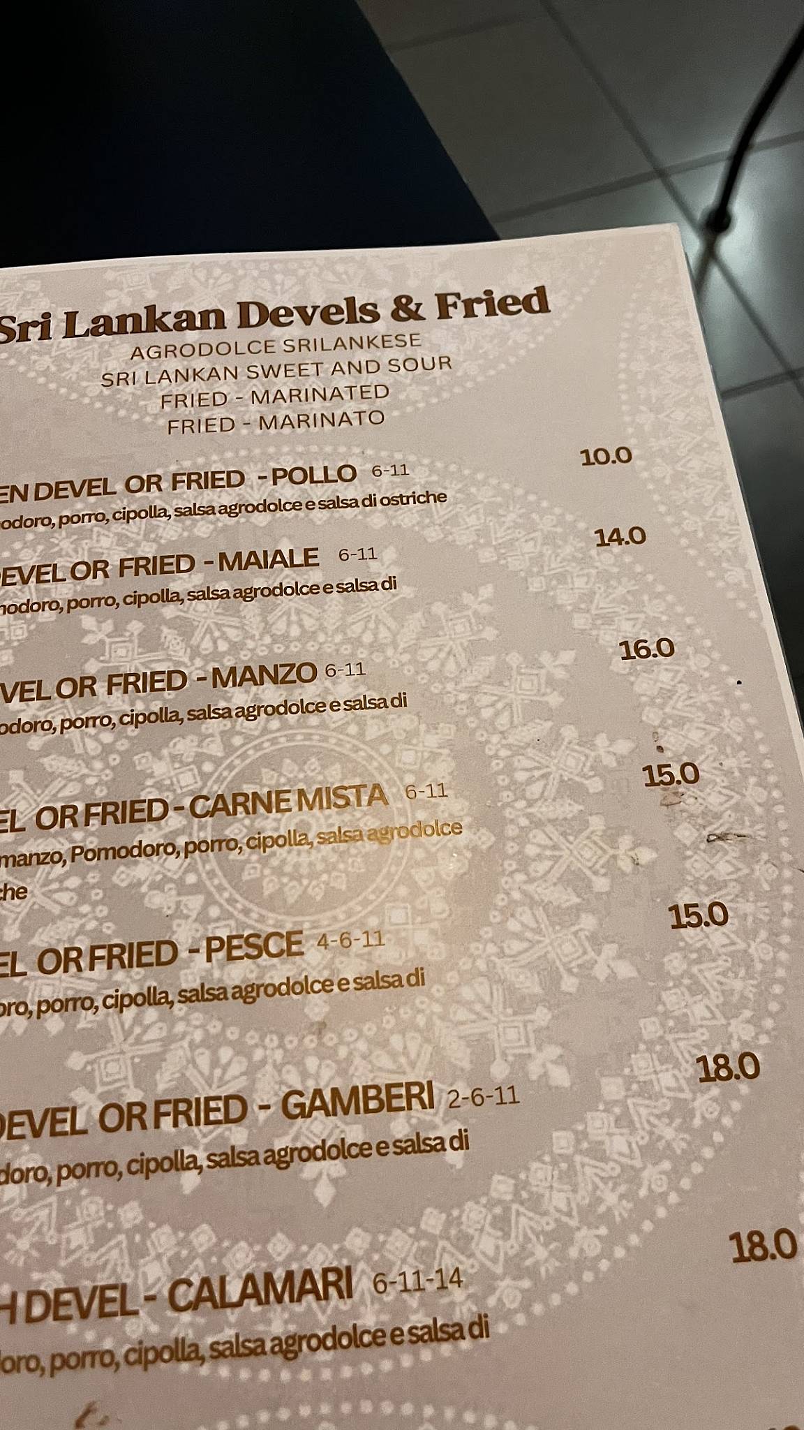 Menu de Ceylon Restaurant Sri Lankan & Indian Cuisine Milano Piazza Firenze