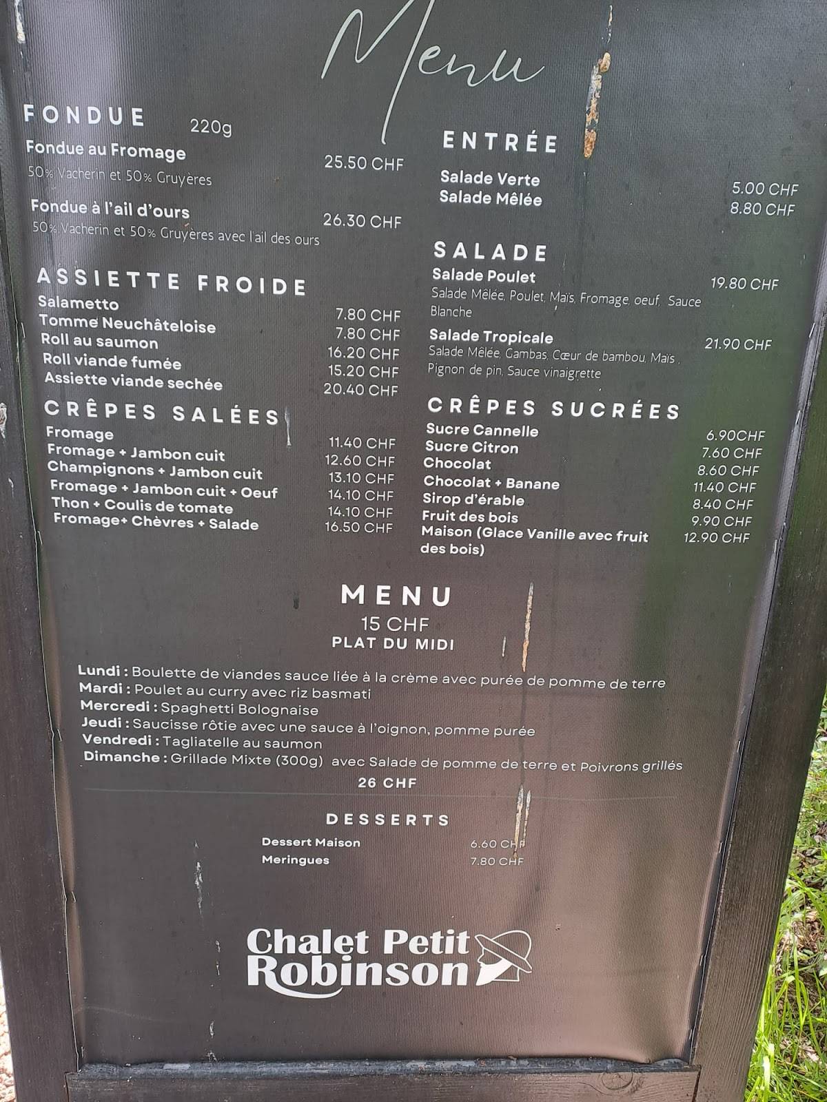 Menu di Chalet Petit Robinson 