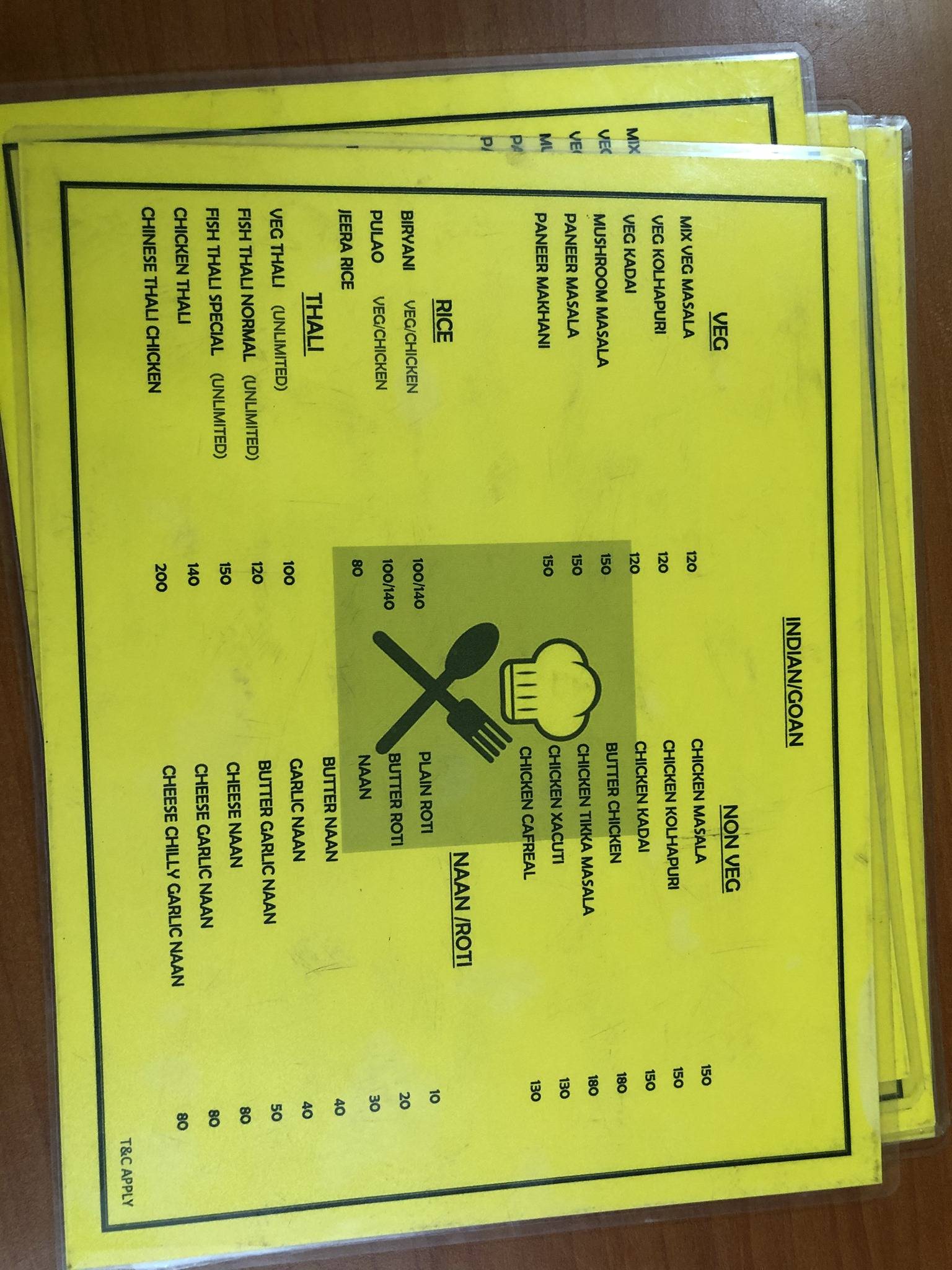 Chari’s fast food menu