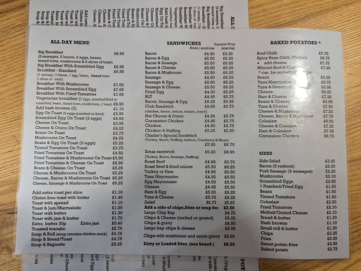 Menu at Charlie's Cafe, Northwich