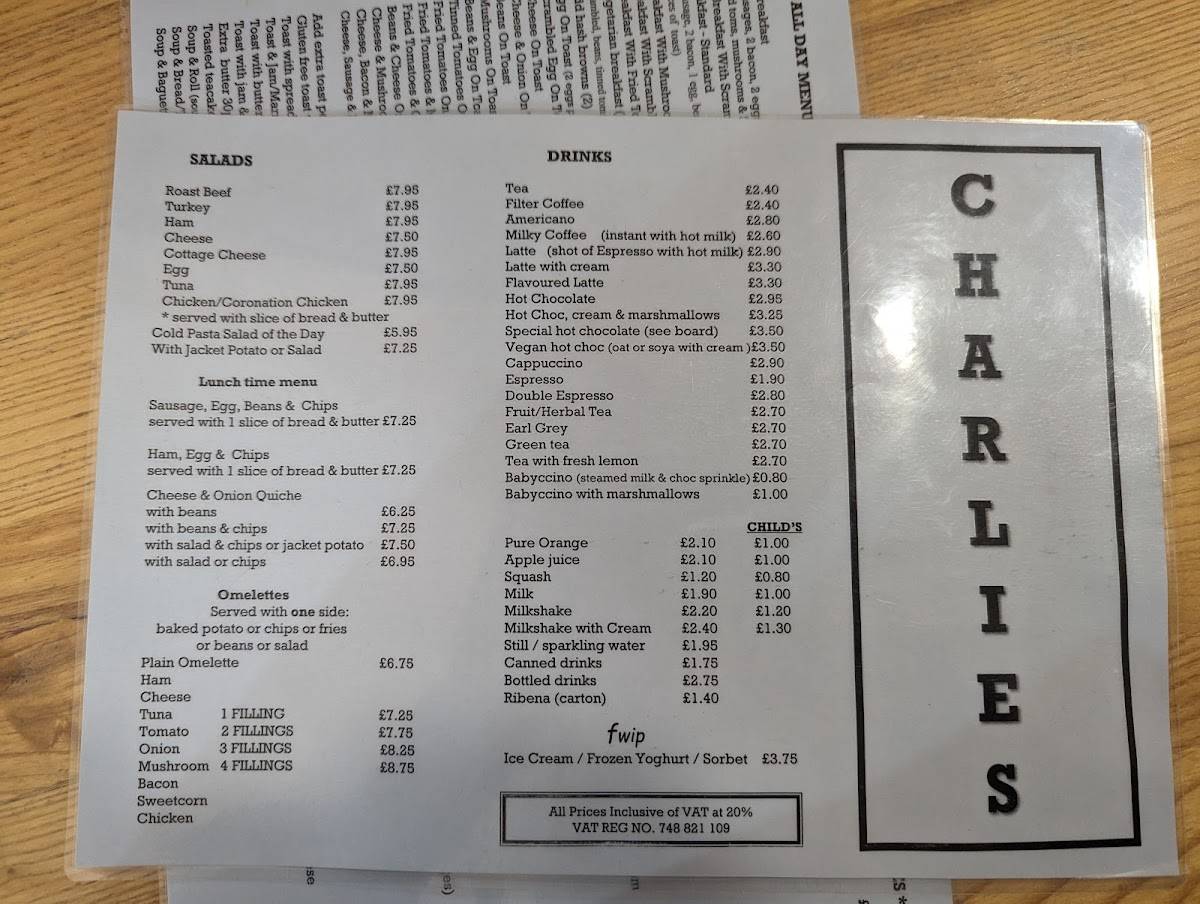 Menu at Charlie's Cafe, Northwich