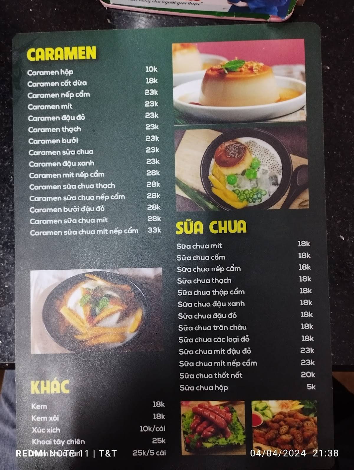 Menu at Chè Gia Truyền Nga Sơn restaurant, Phúc Yên