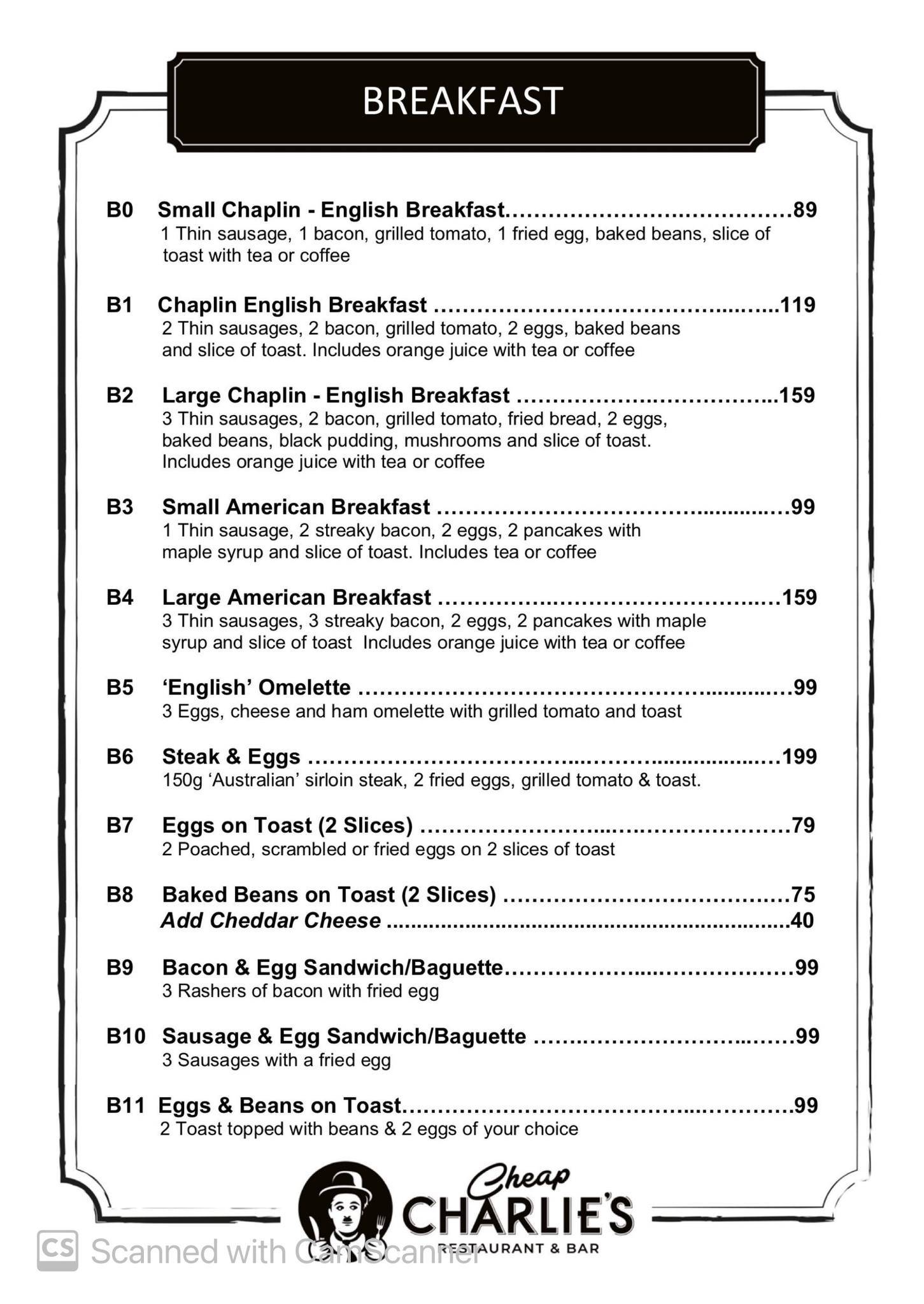 Menu at Cheap Charlie's restaurant, Pattaya City