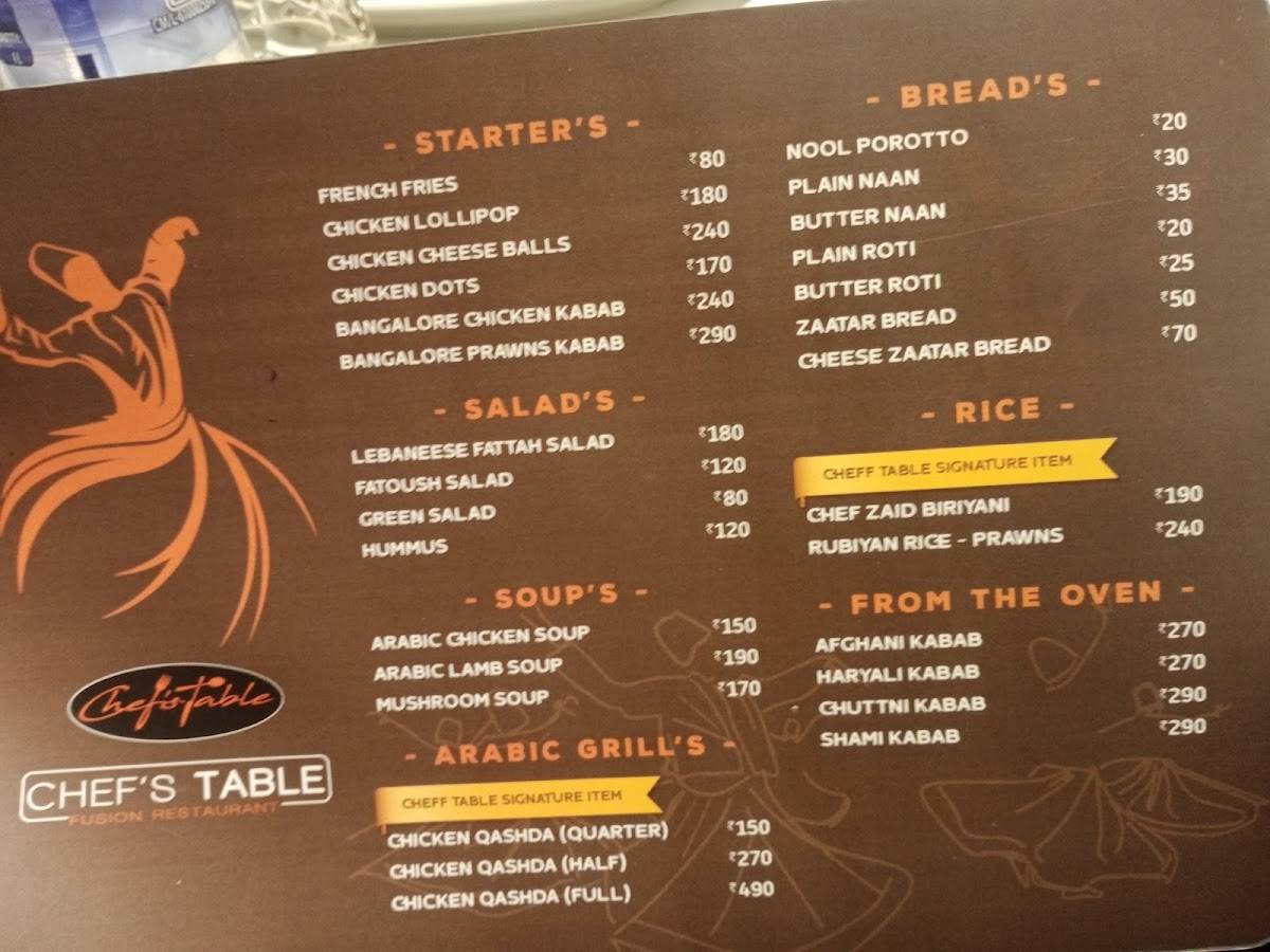 Chefs Table Restaurant. menu