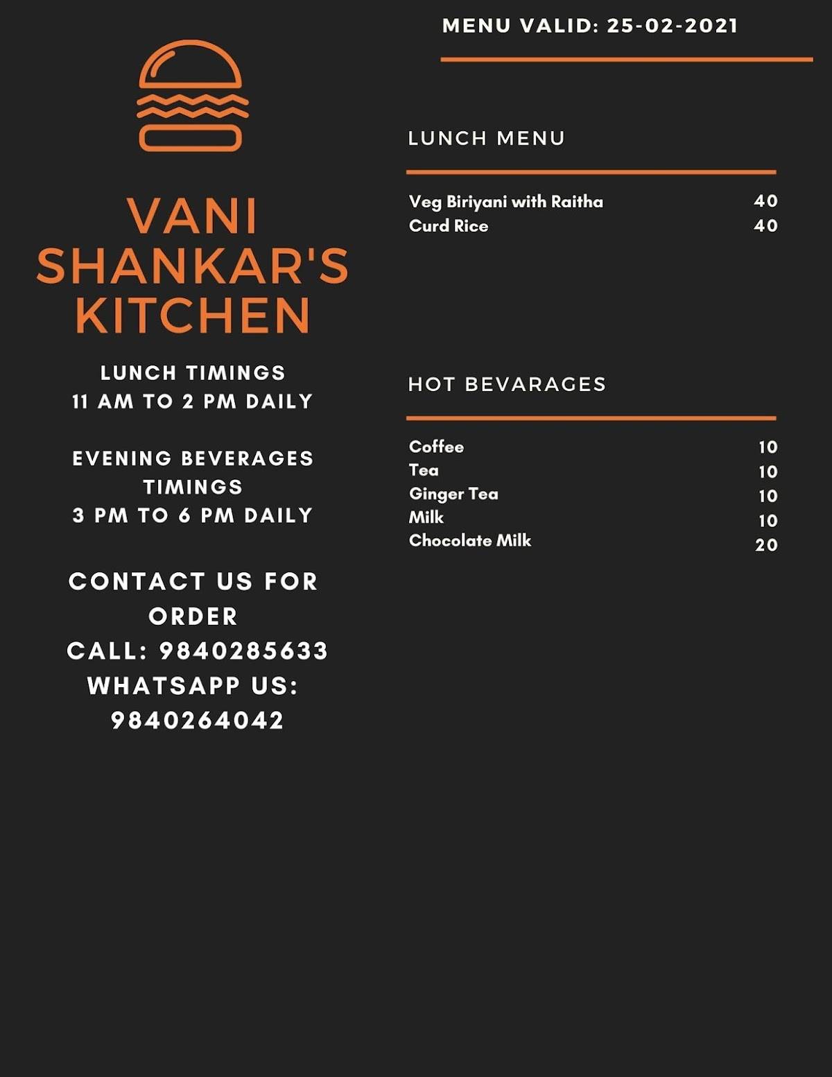 Vani Shankar's Kitchen menu