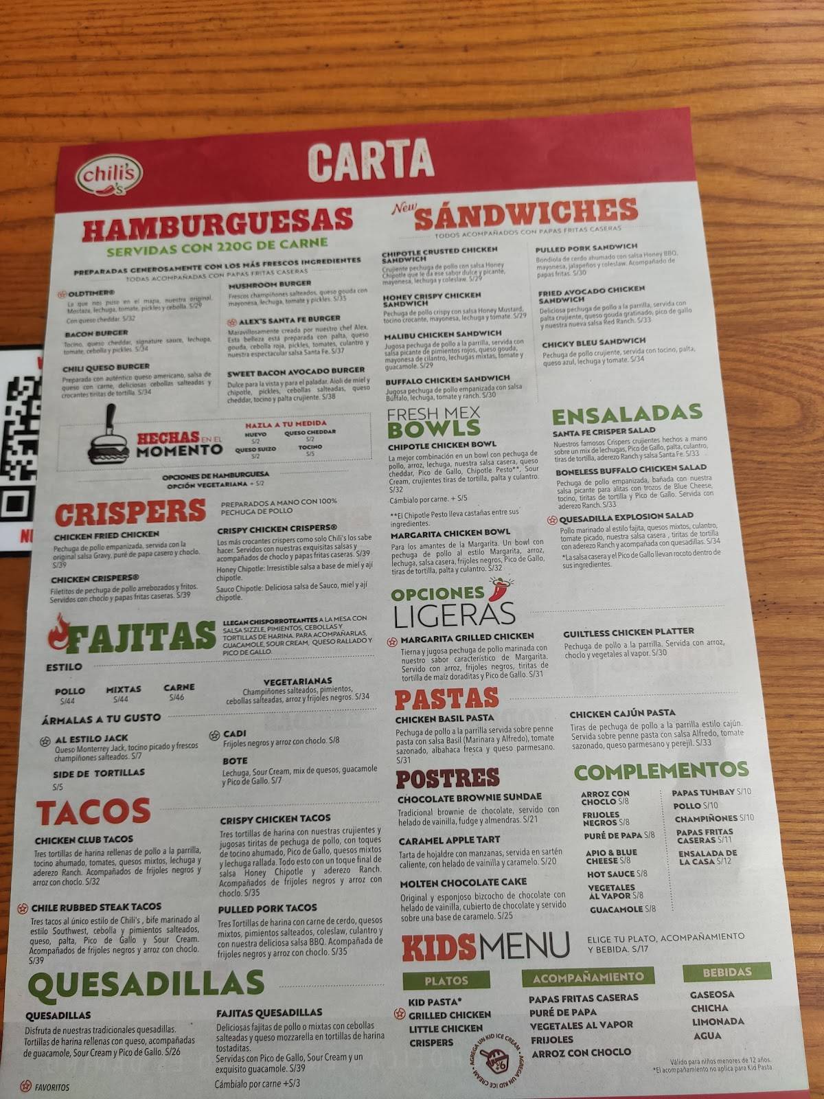 Carta del restaurante Chili's, Surquillo, Av. Angamos Este 1803