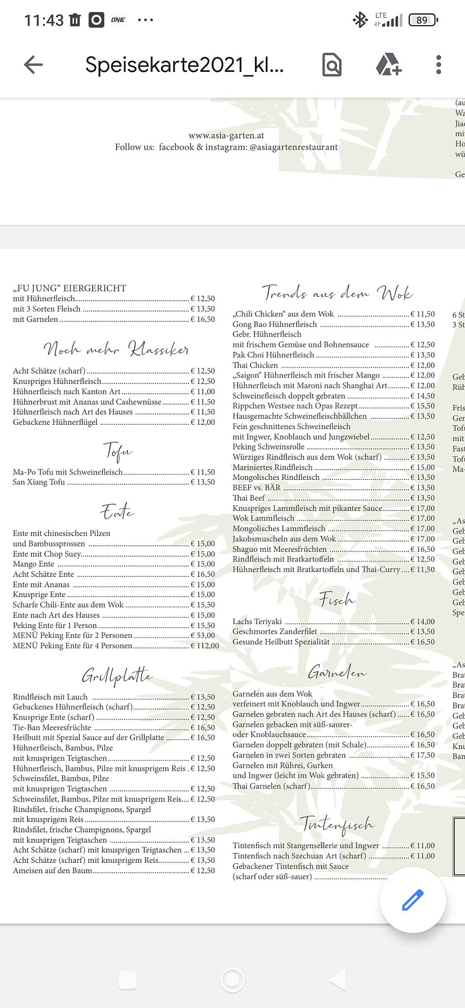 Speisekarte von Chinese Restaurant Asia Garten, Wien, Pfarrgasse 61 / Ecke