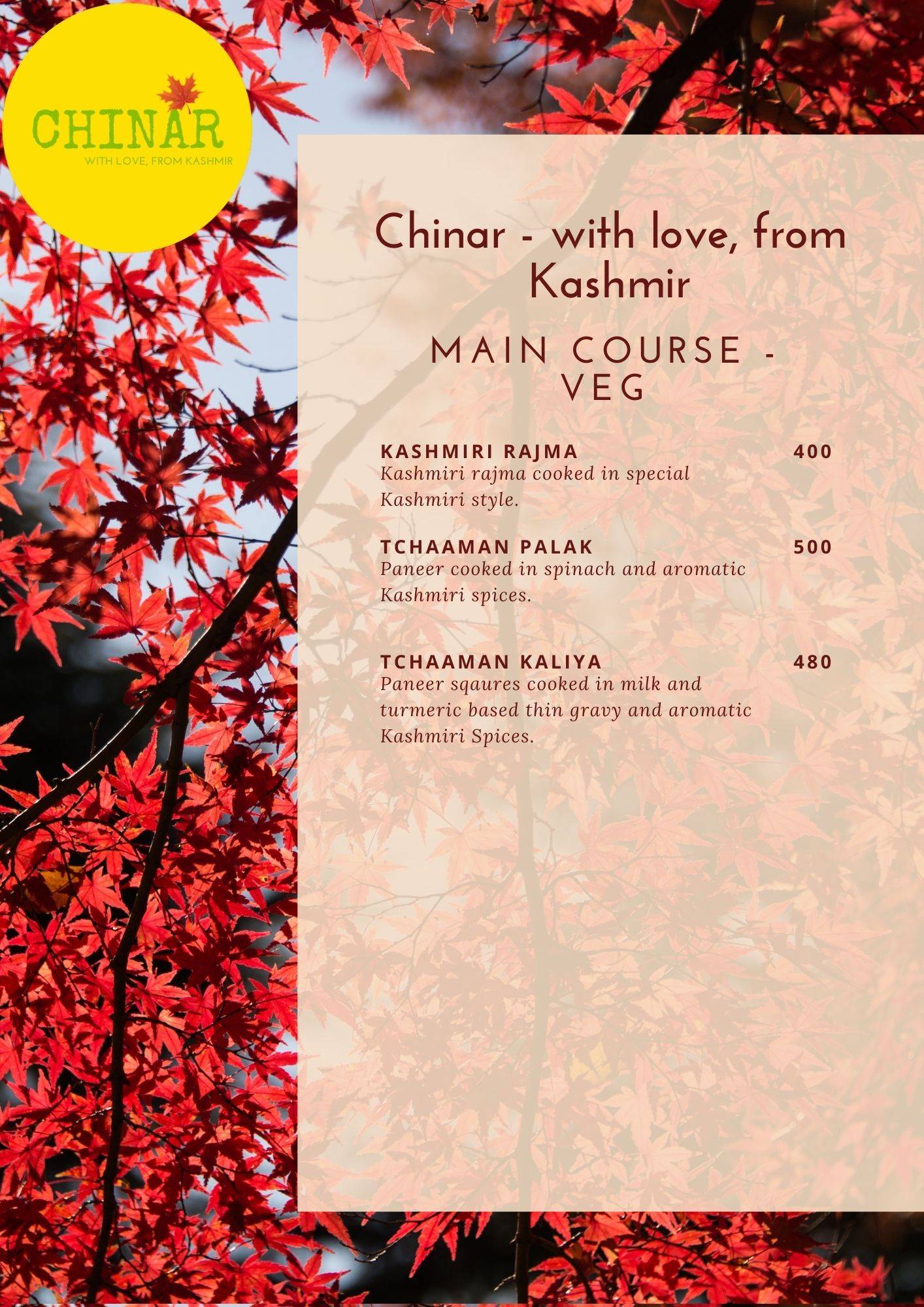 Chinar - With Love, From Kashmir menu