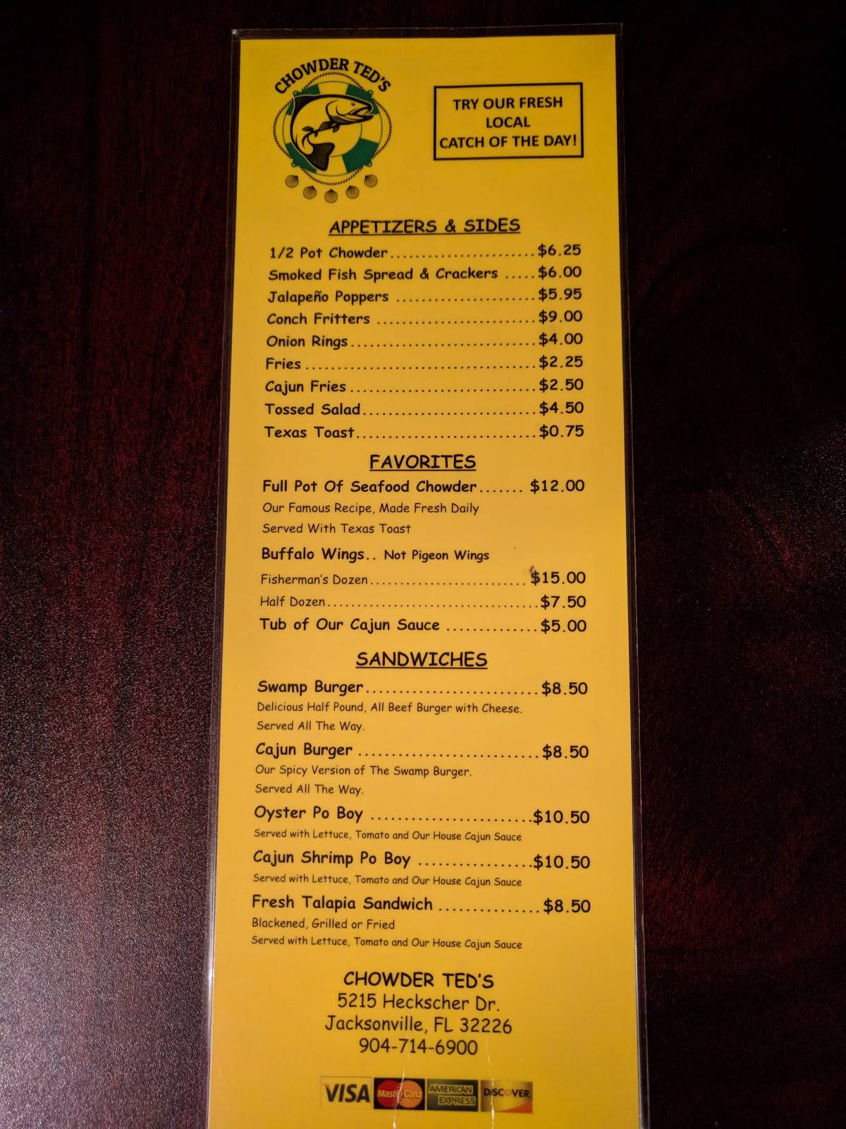 Menu at Chowder Ted's pub & bar, Jacksonville