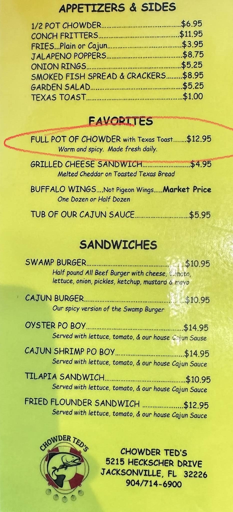 Menu at Chowder Ted's pub & bar, Jacksonville