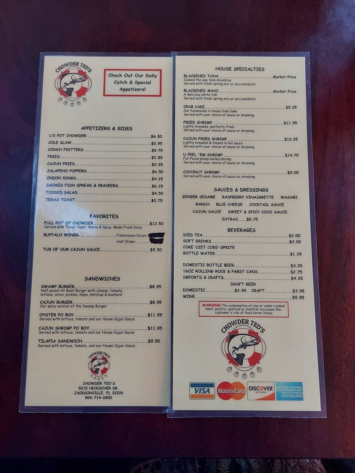 Menu at Chowder Ted's pub & bar, Jacksonville