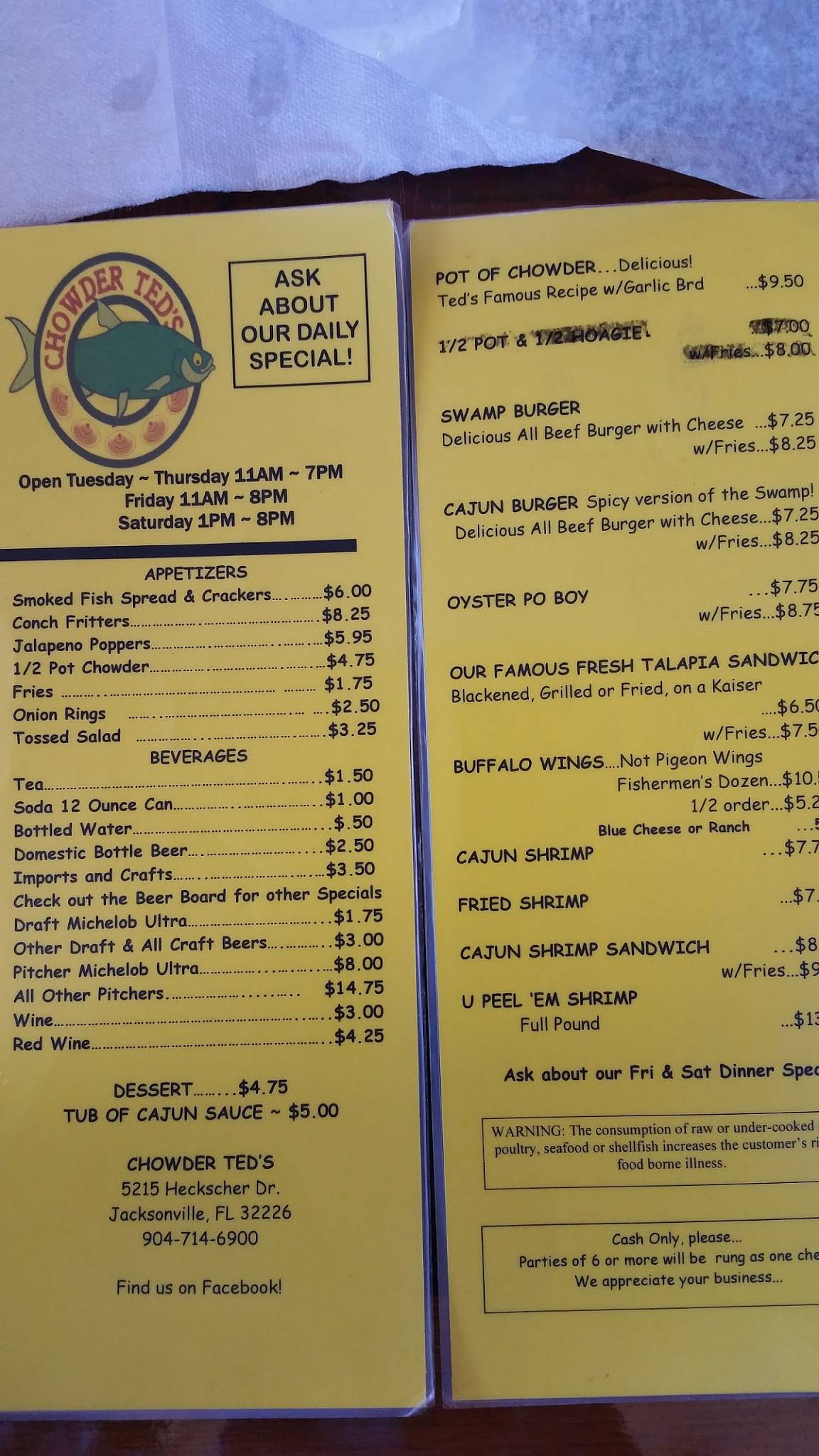 Menu at Chowder Ted's pub & bar, Jacksonville