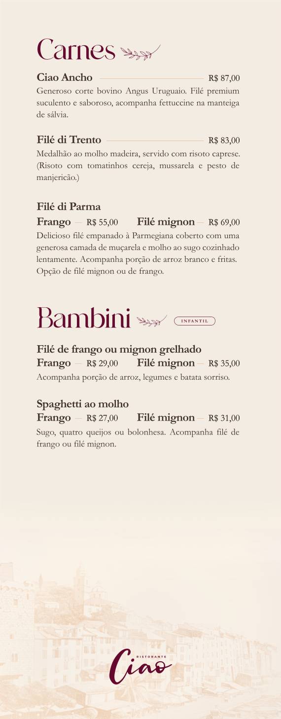 Ciao Ristorante cardápio