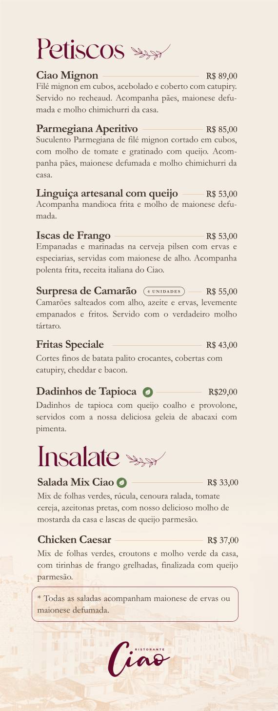 Ciao Ristorante cardápio