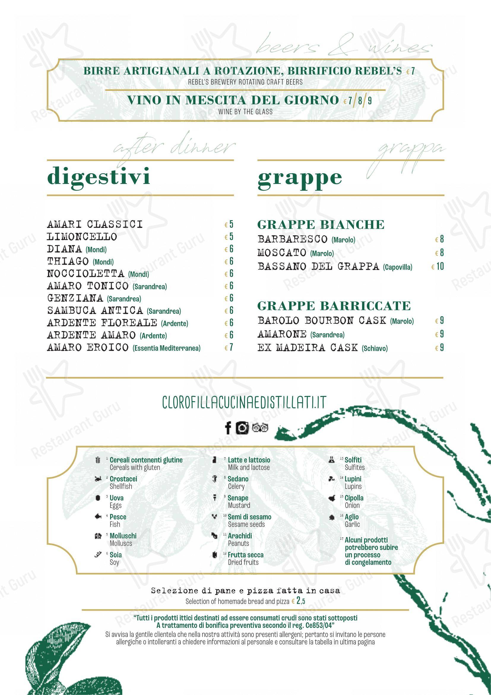 Menu bar per Clorofilla Cucina & Distillati pub & bar