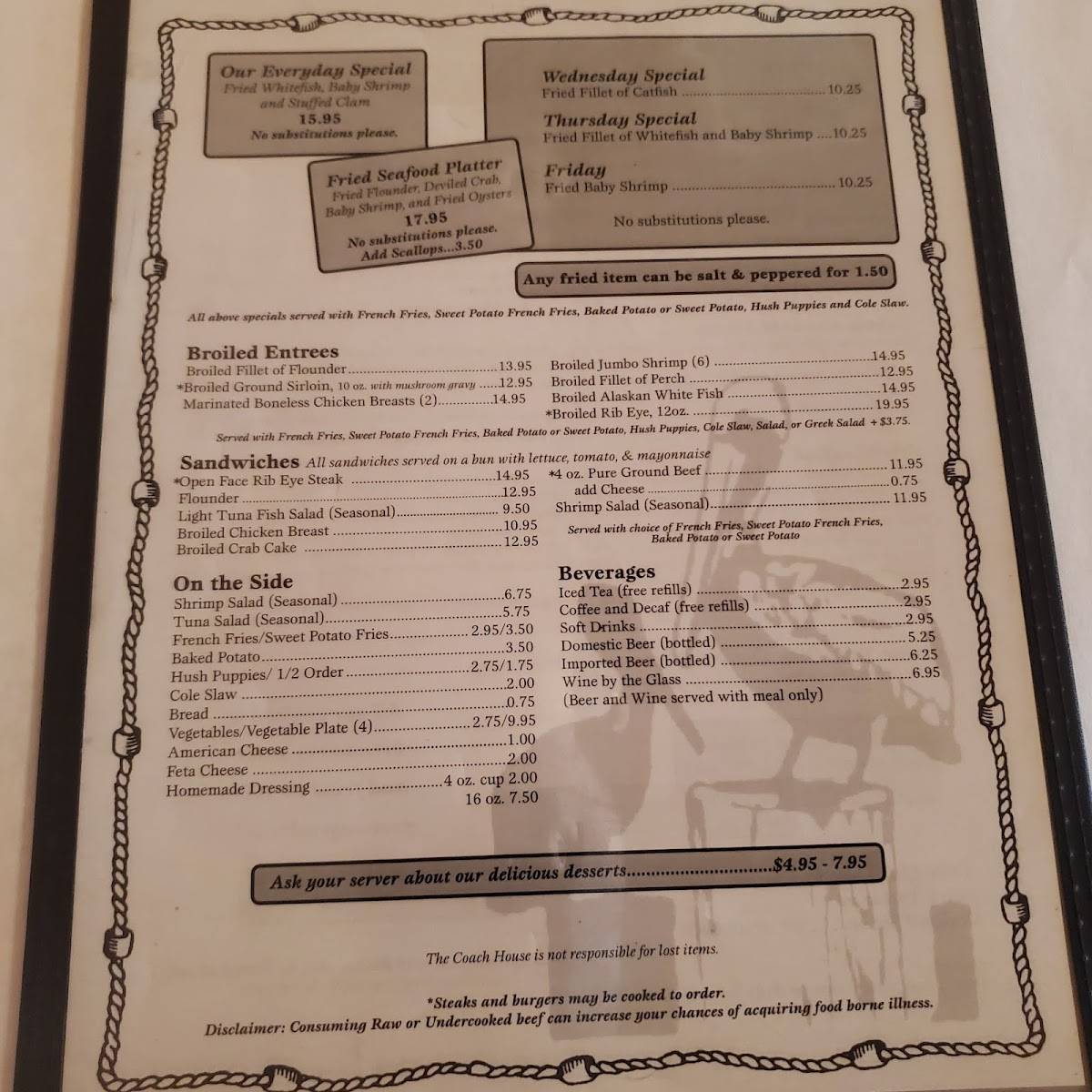 Menu at Coach House Seafood & Steak steakhouse, Black Mountain