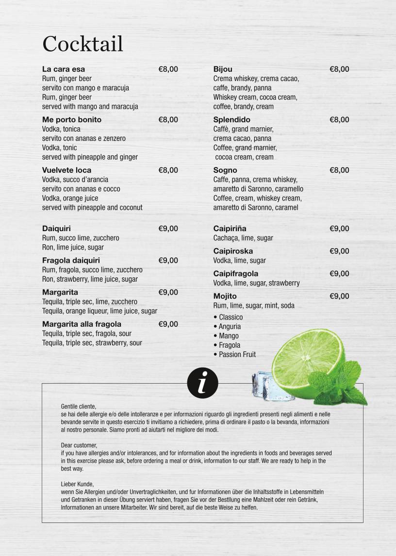 Menu di Cocobongo Bibione 