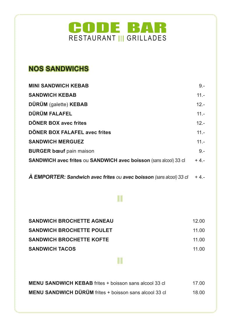 Menu de Code Bar- kebab pizza & Lausanne gare