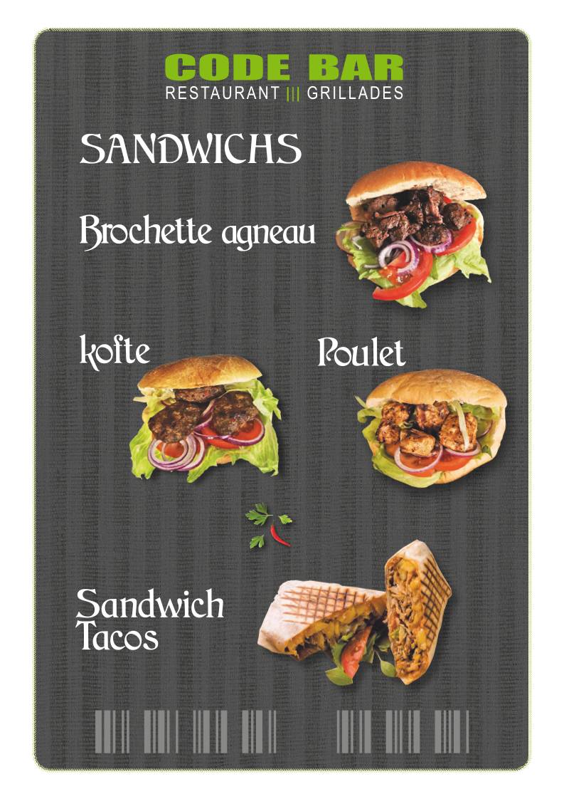 Menu de Code Bar- kebab pizza & Lausanne gare