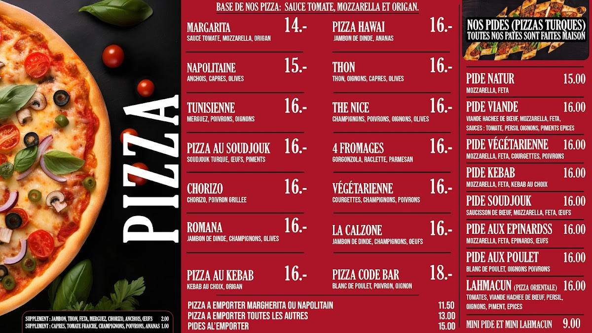 Menu de Code Bar- kebab pizza & Lausanne gare