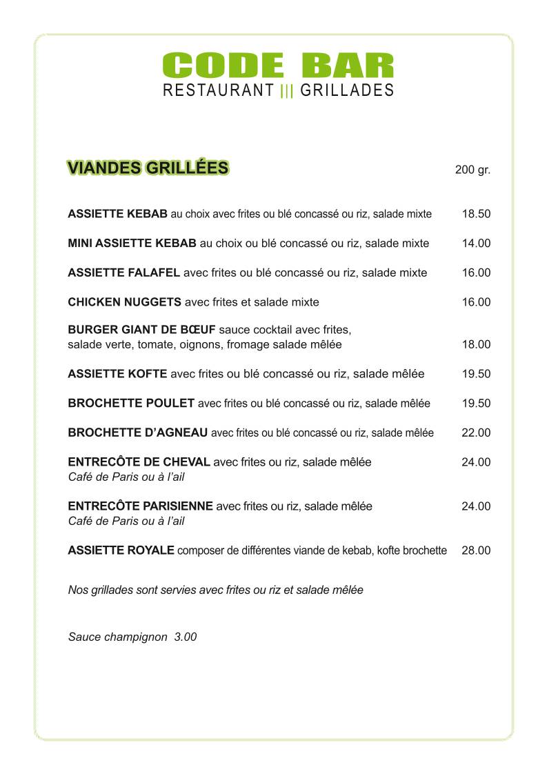 Menu de Code Bar- kebab pizza & Lausanne gare