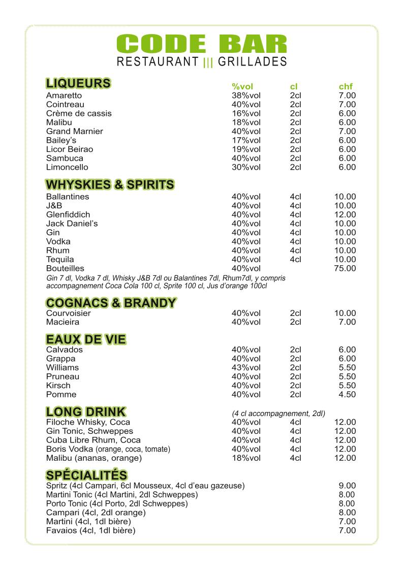 Menu de Code Bar- kebab pizza & Lausanne gare