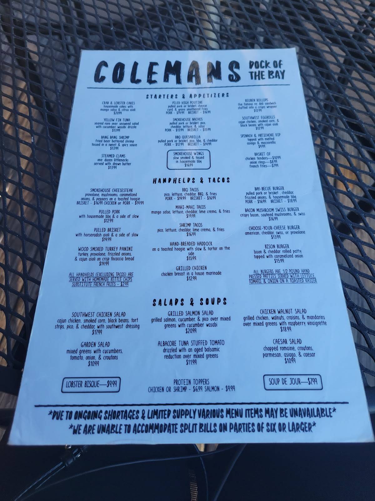 Menu at Coleman's Dock Of The Bay restaurant, Alexandria Bay