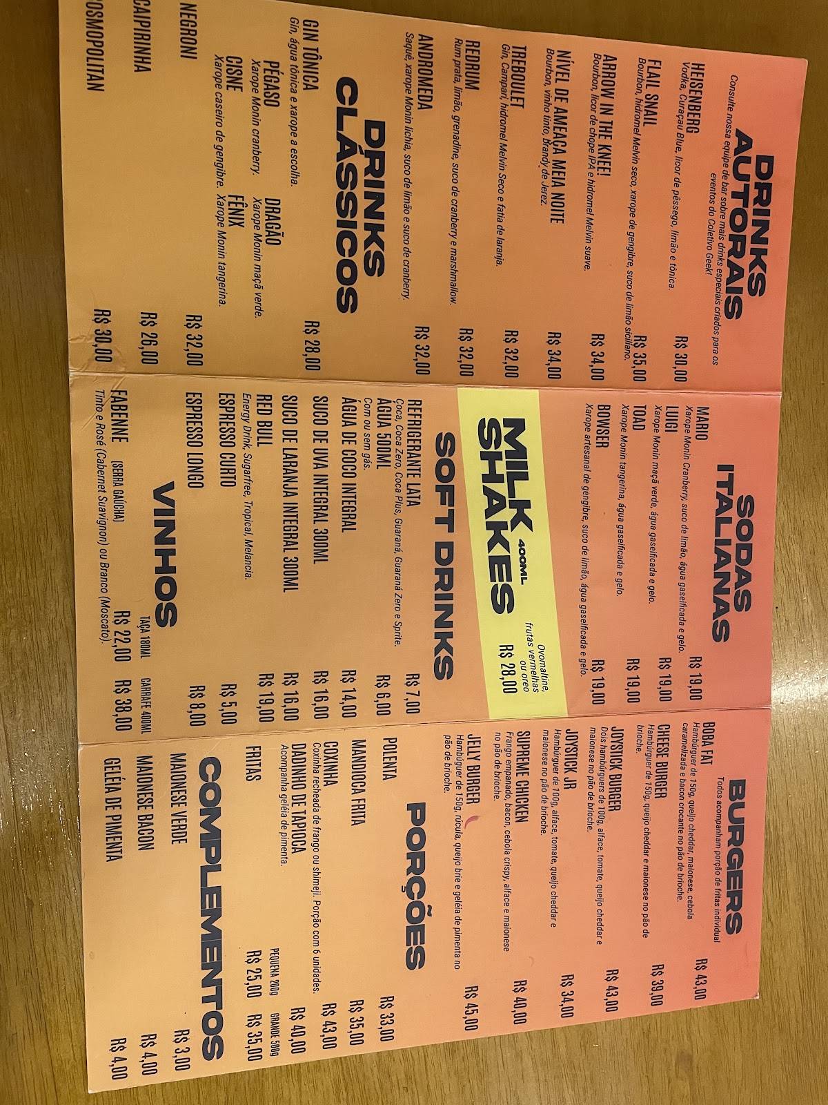 Coletivo Geek cardápio