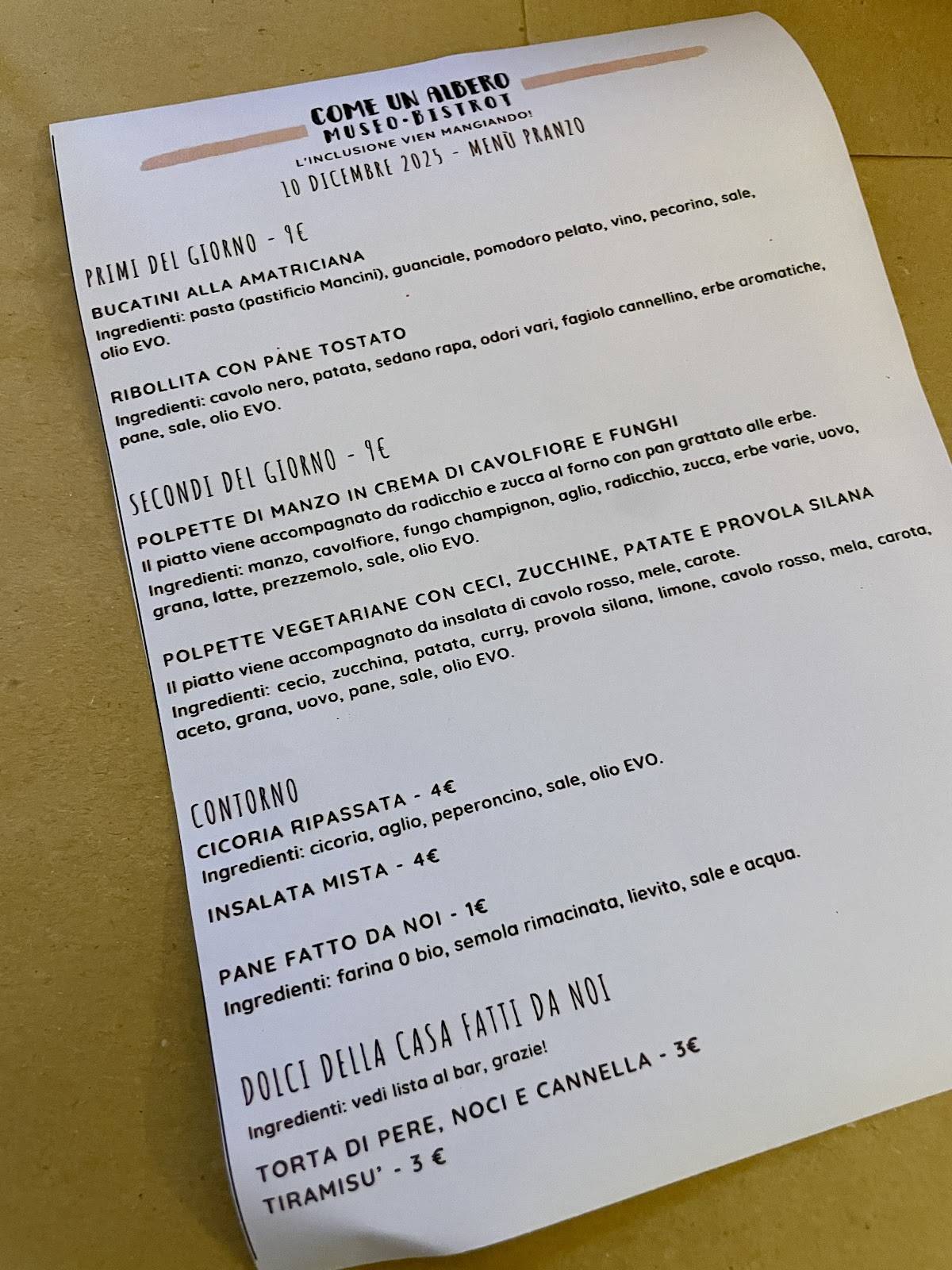 Menu di Come un Albero - Museo Bistrot 