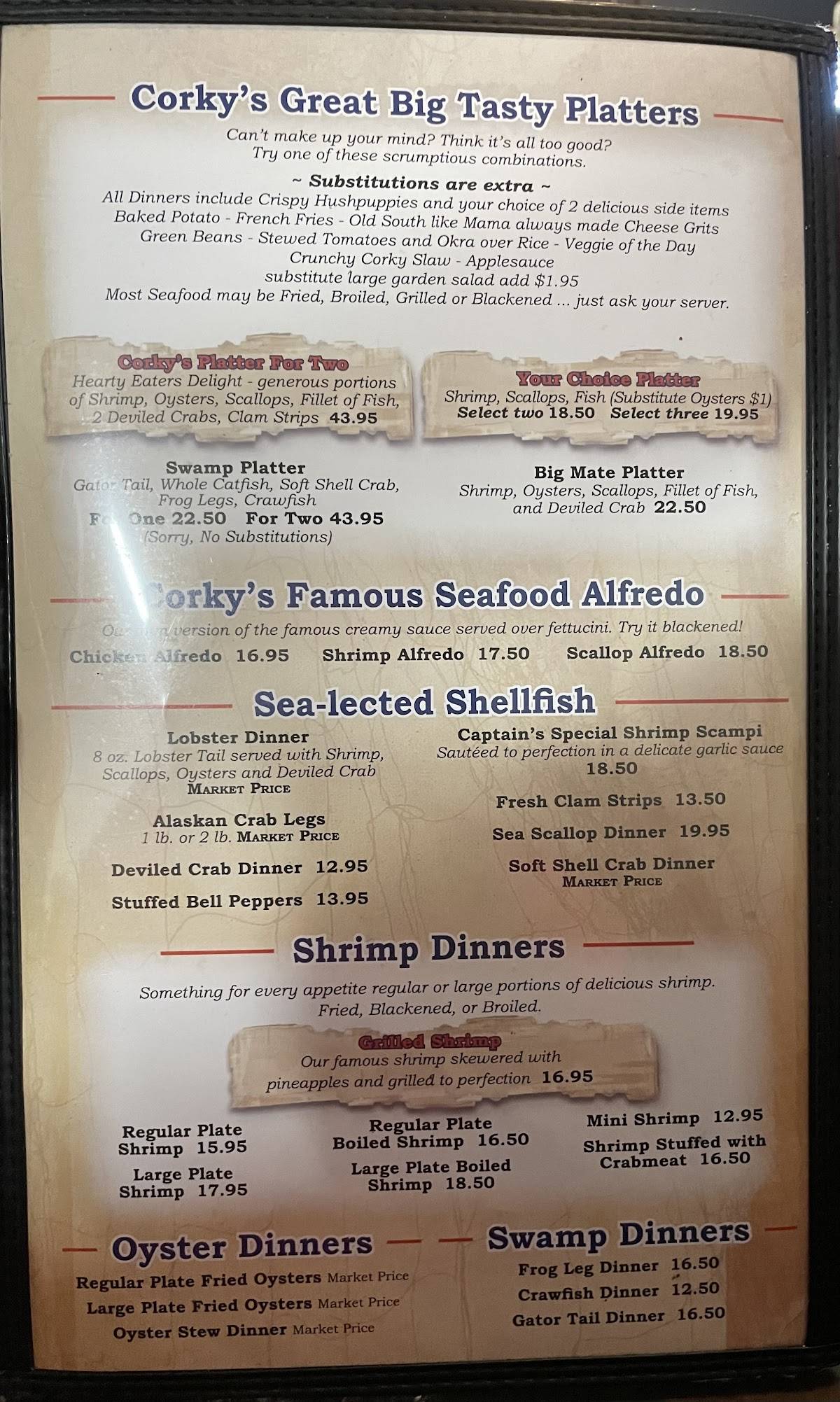 Menu at Corky Bell's Seafood & Steaks steakhouse, Fleming Island