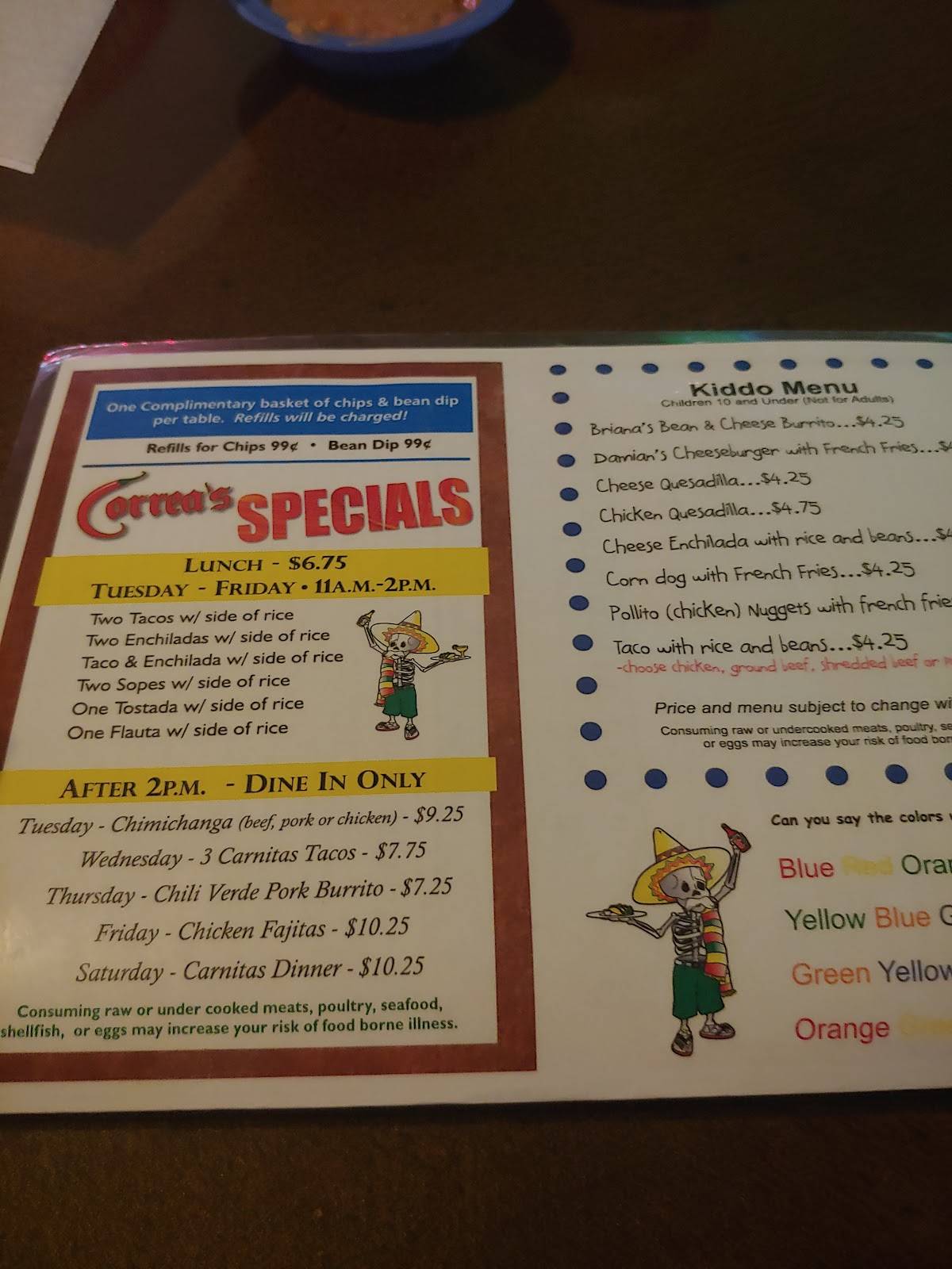 Menu at Correa's Mexican & Seafood Restaurant, Fort Mohave