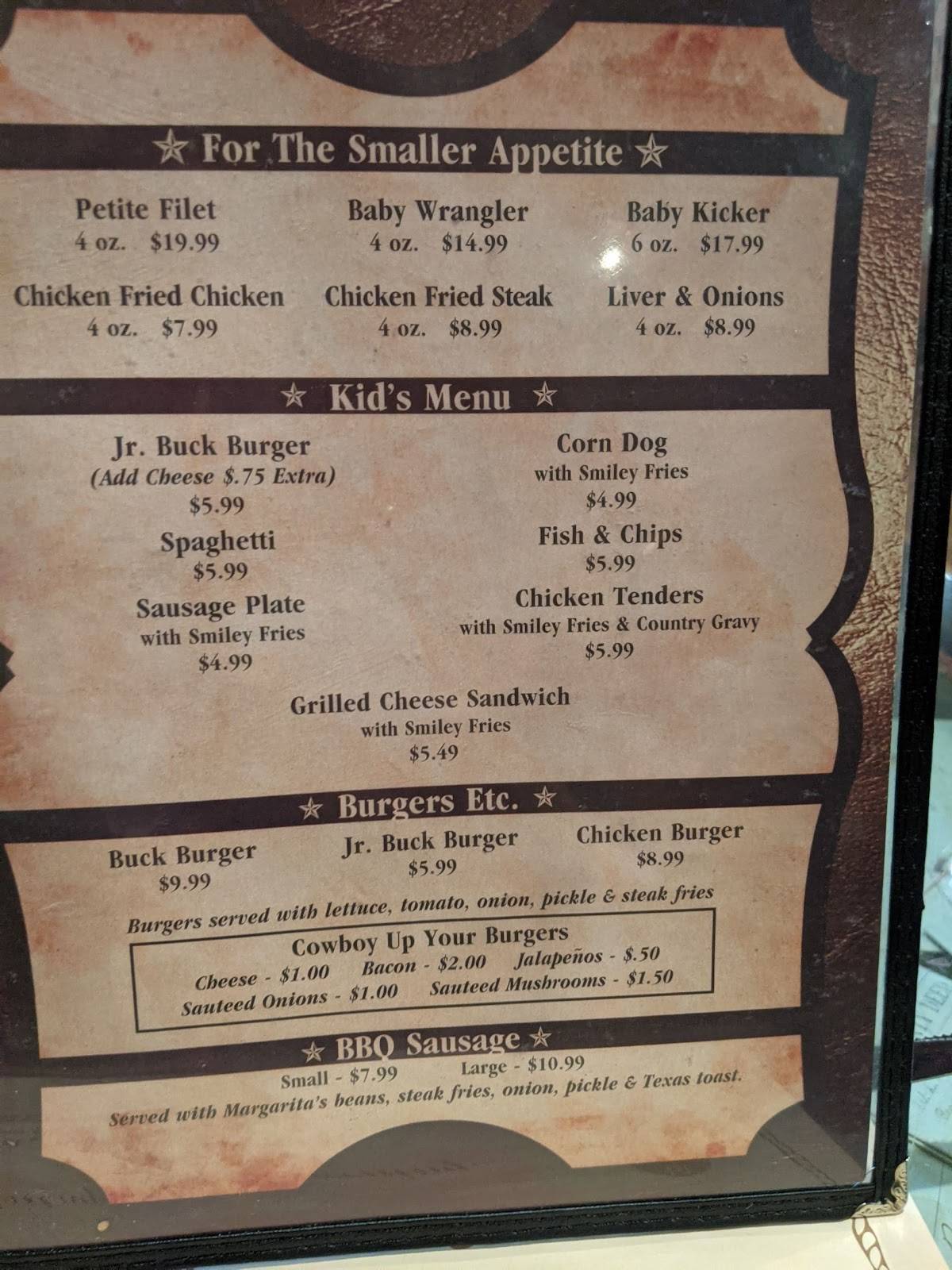 Menu at Cowboy Steak House pub & bar, Kerrville