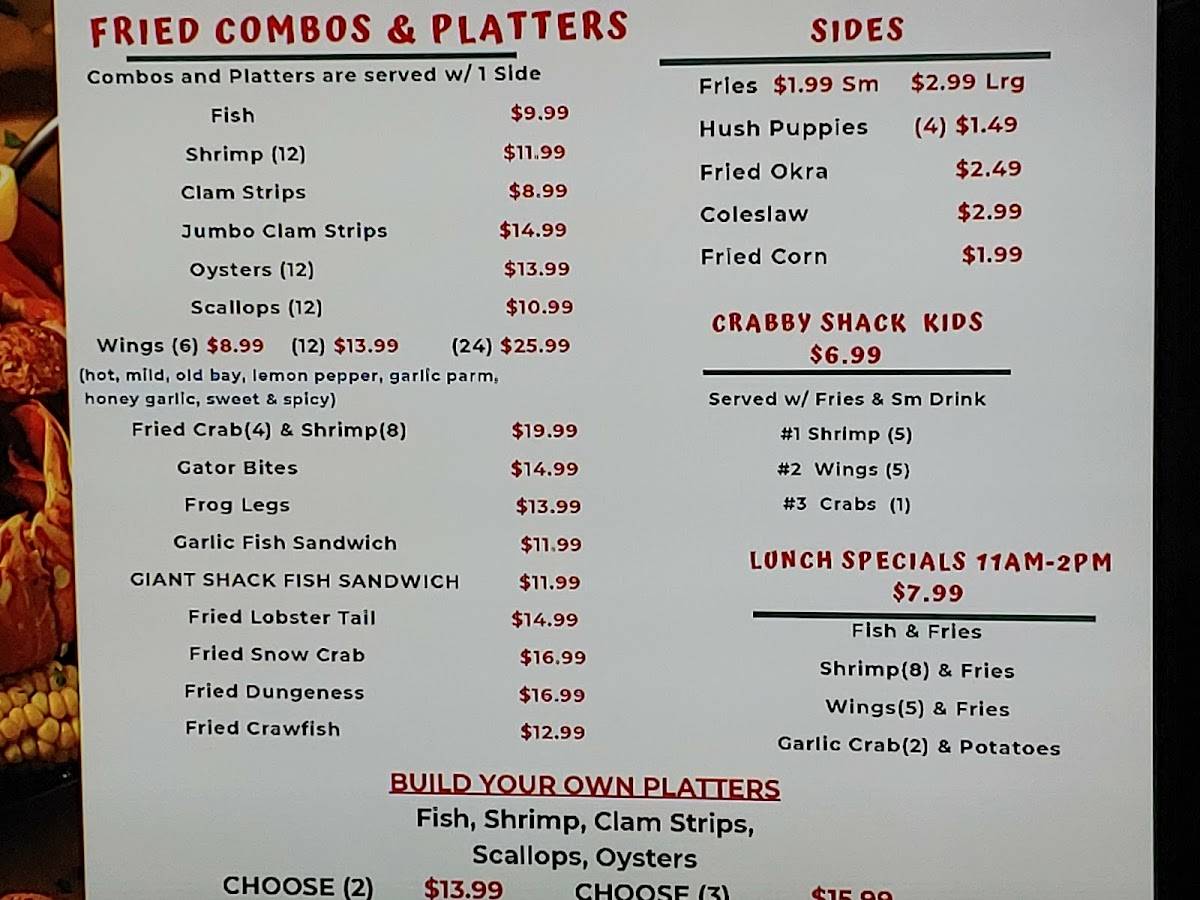 Menu at CRAB SHACK 386 restaurant, Bunnell