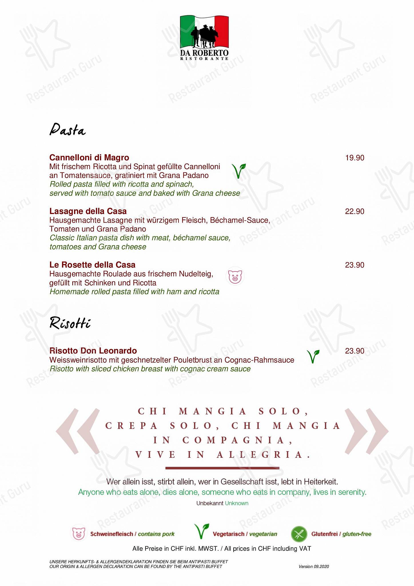Catering Menu per Ristorante Da Roberto in Basilea