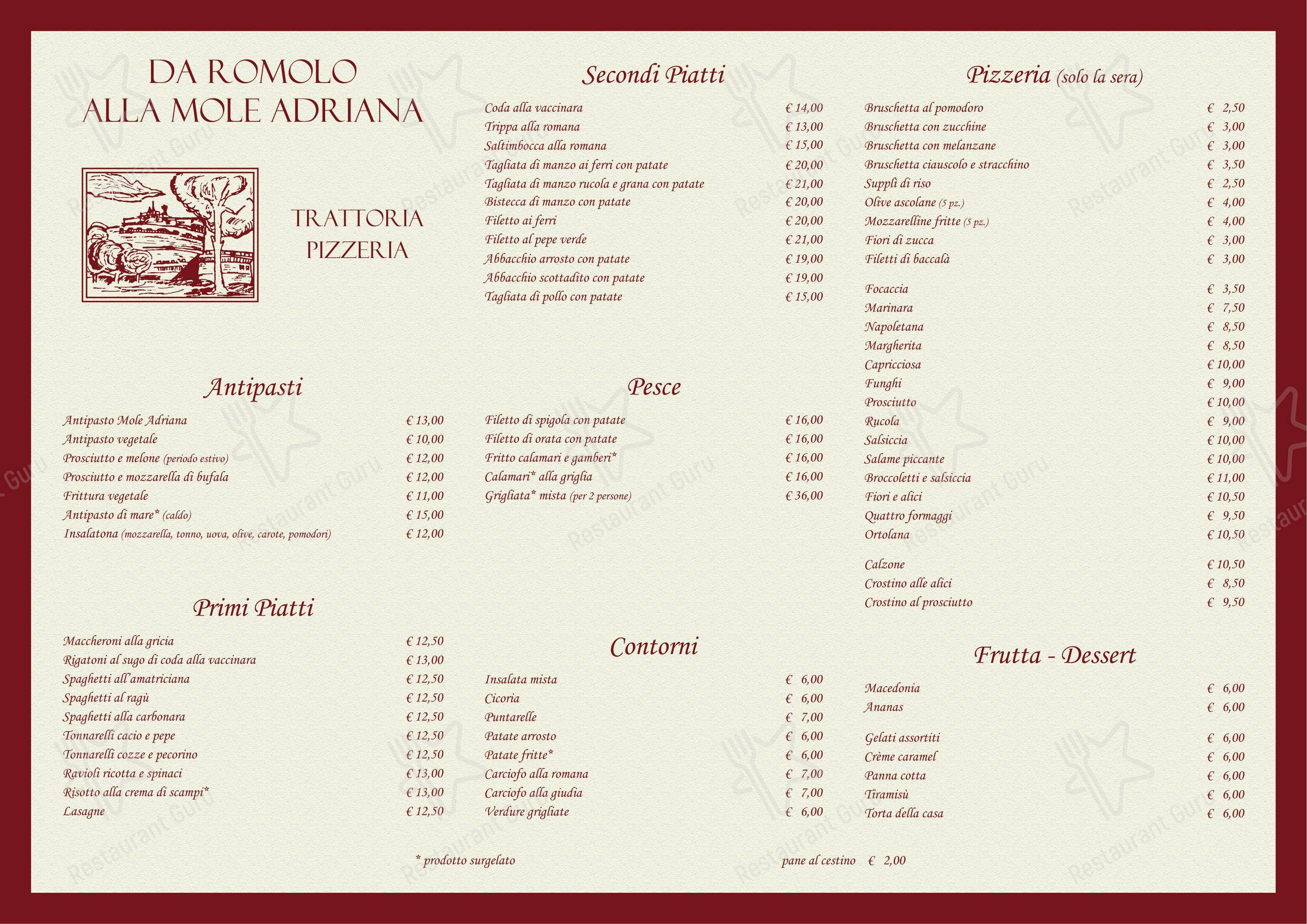 Menu per Da Romolo alla Mole Adriana in Roma