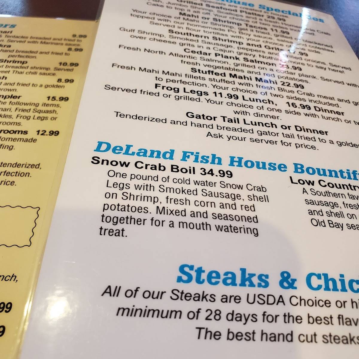 Menu at Deland Fish House restaurant, DeLand, 310 E International