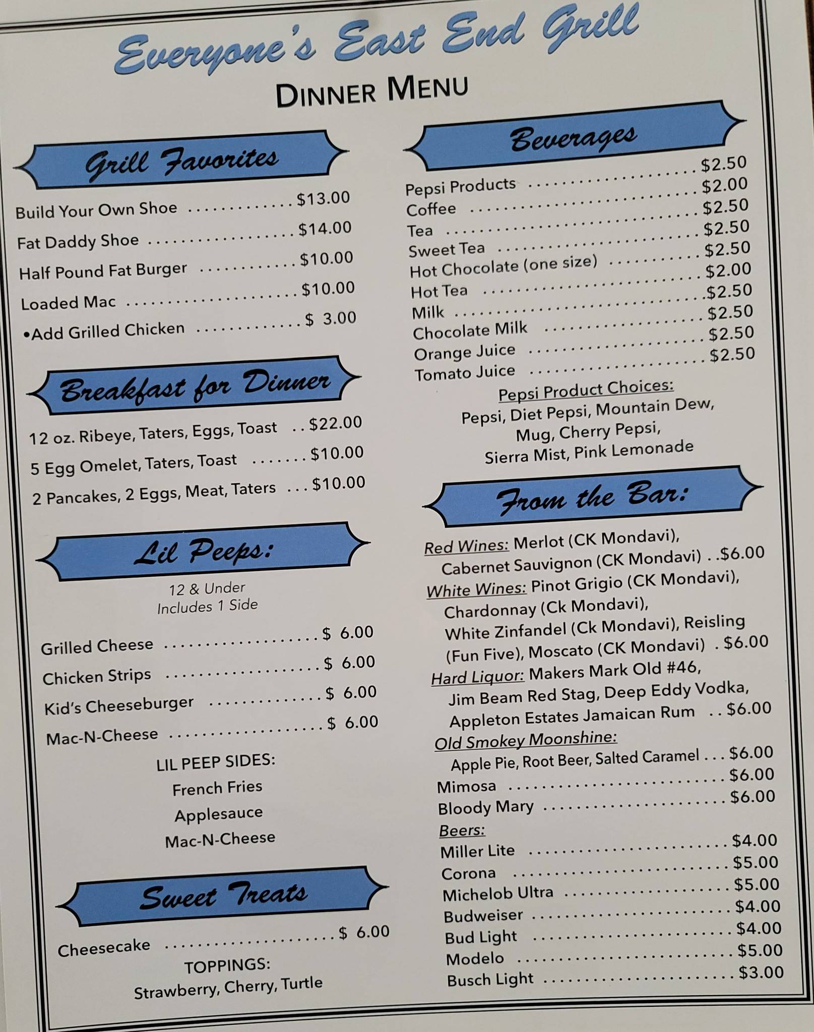 Menu at Everyone's East End Grill restaurant, Decatur, 910 S Airport Rd