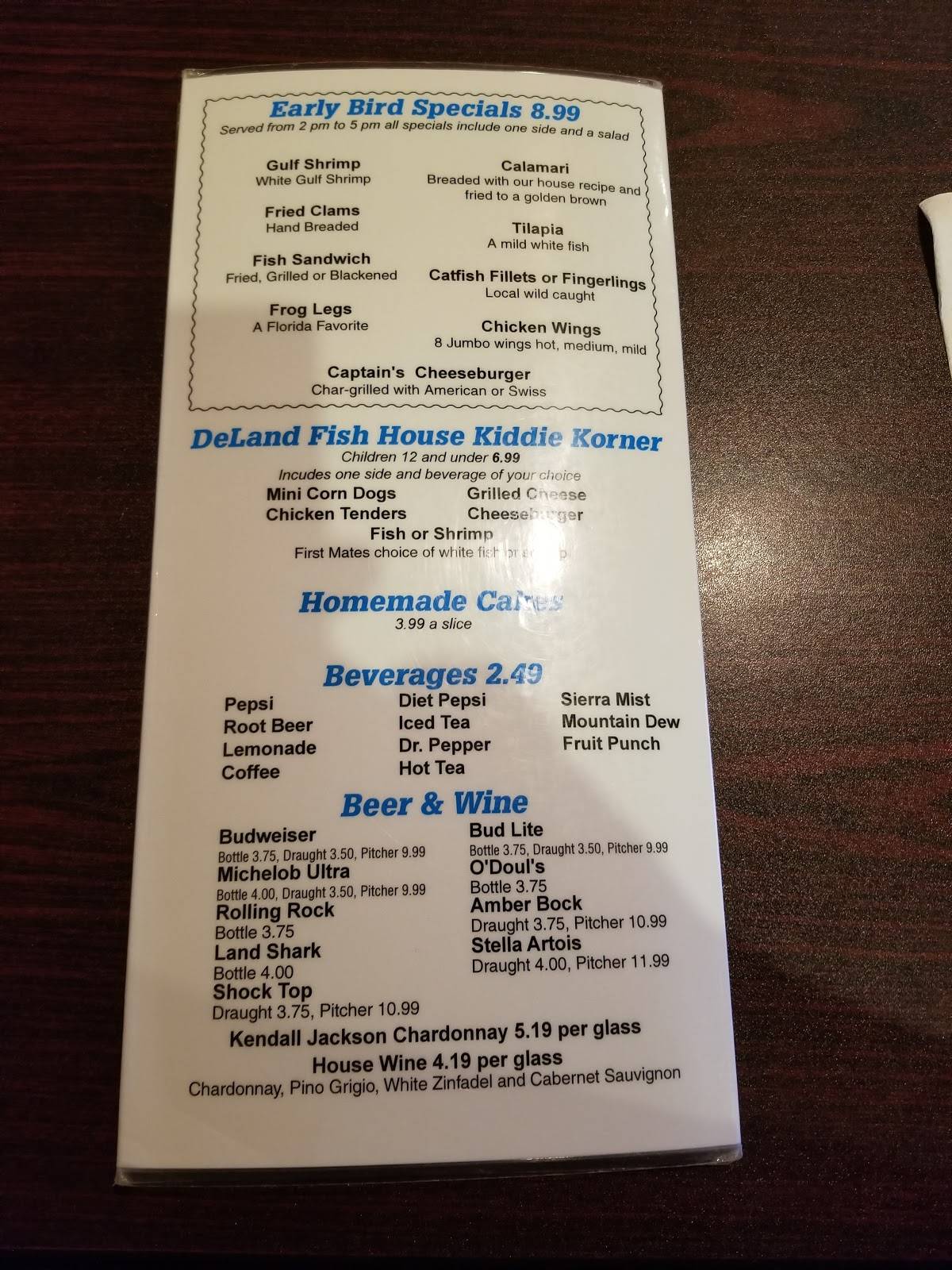 Menu at Deland Fish House restaurant, DeLand, 310 E International