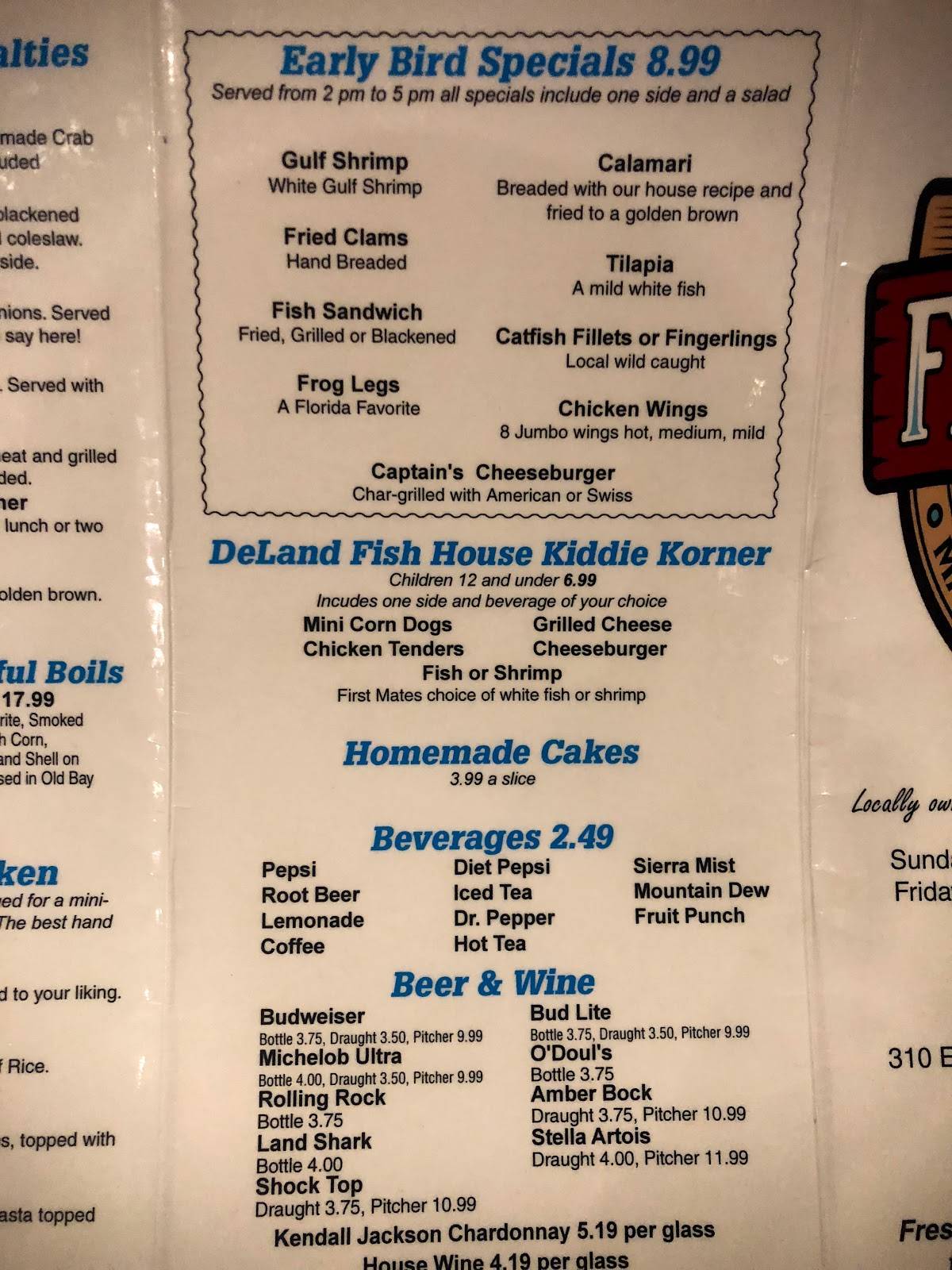 Menu at Deland Fish House restaurant, DeLand, 310 E International