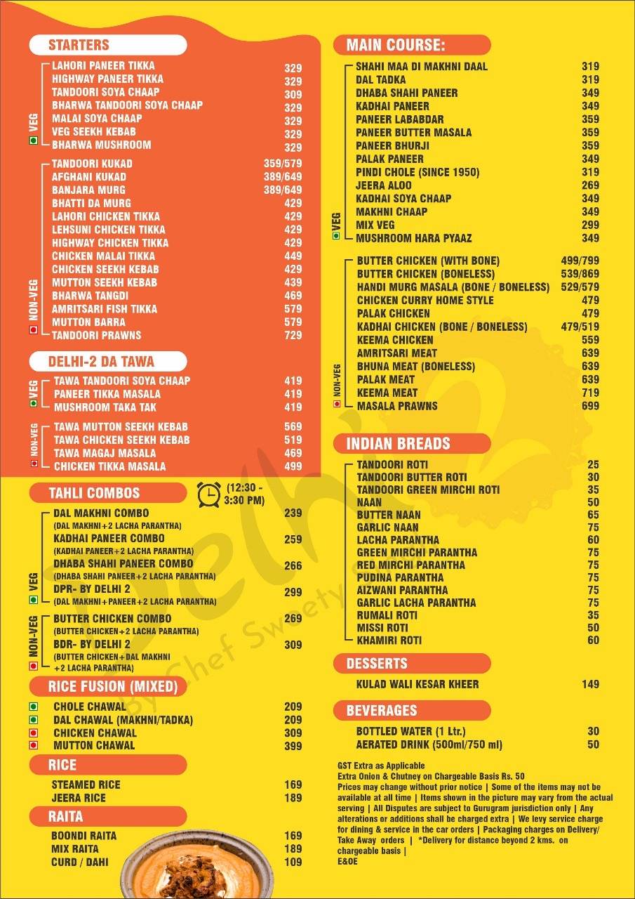 Delhi 2 by Chef Sweety Singh menu