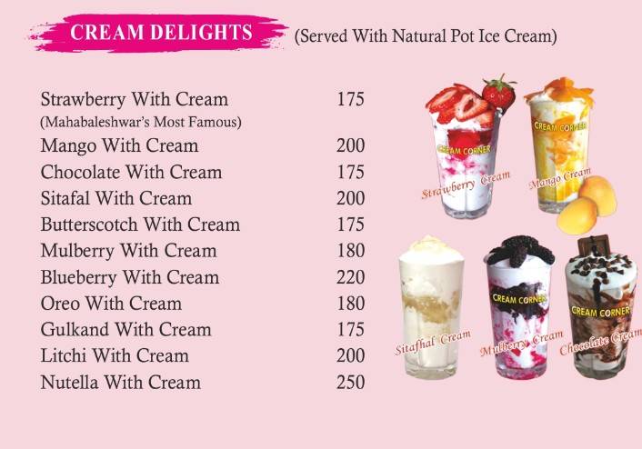 Cream Corner menu