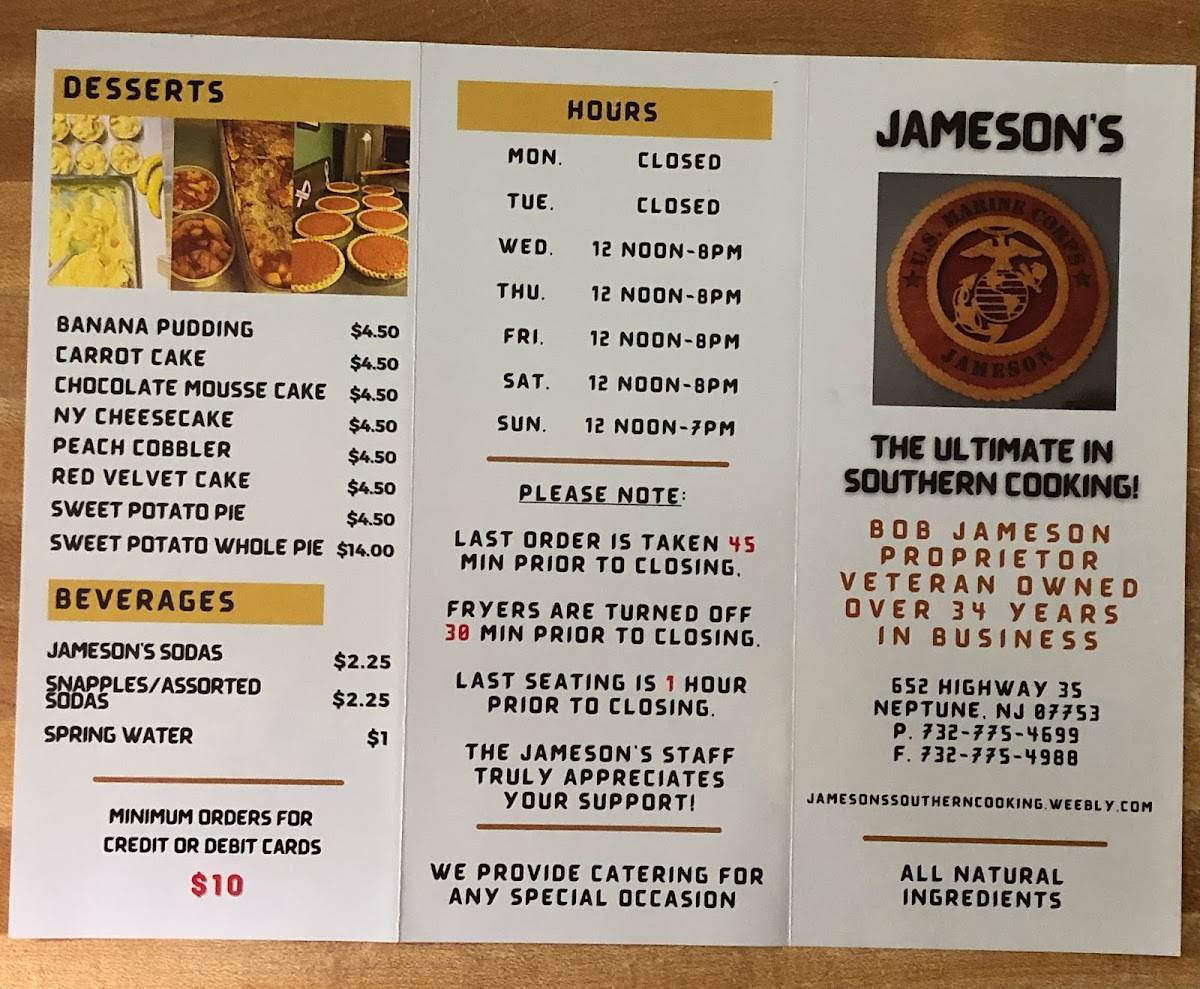 Menu at Jameson's Southern Cooking desserts, Neptune City