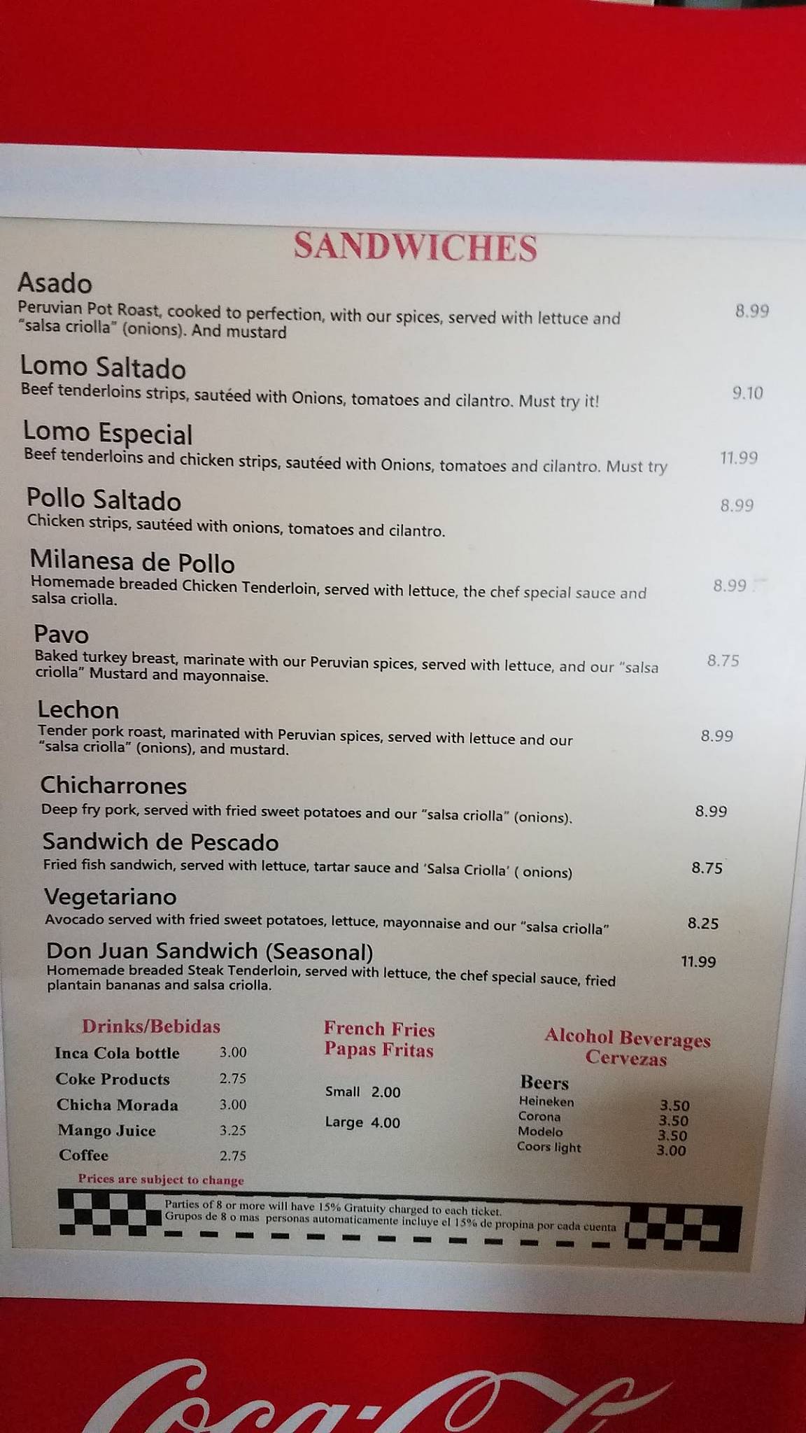 Menu at Don Juan V's Peruvian Sandwiches restaurant, Indianapolis
