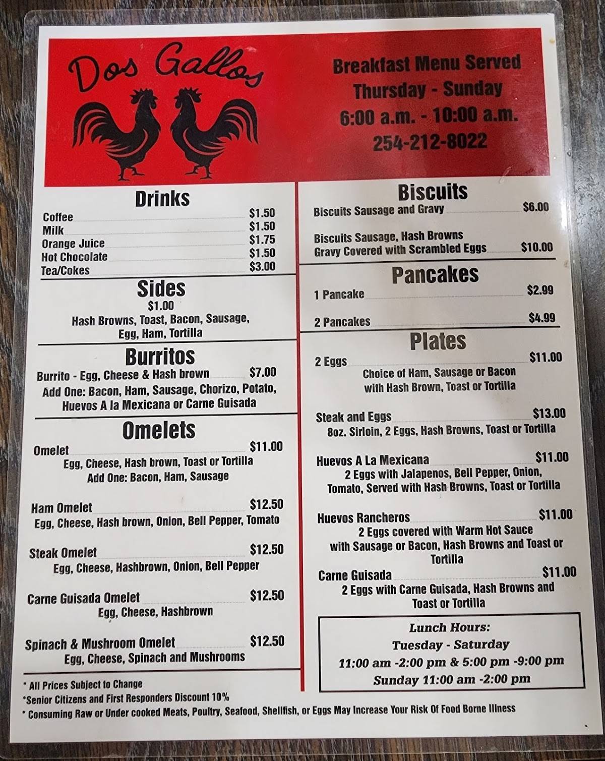 Menu at Dos Gallos Family Restaurant, Breckenridge