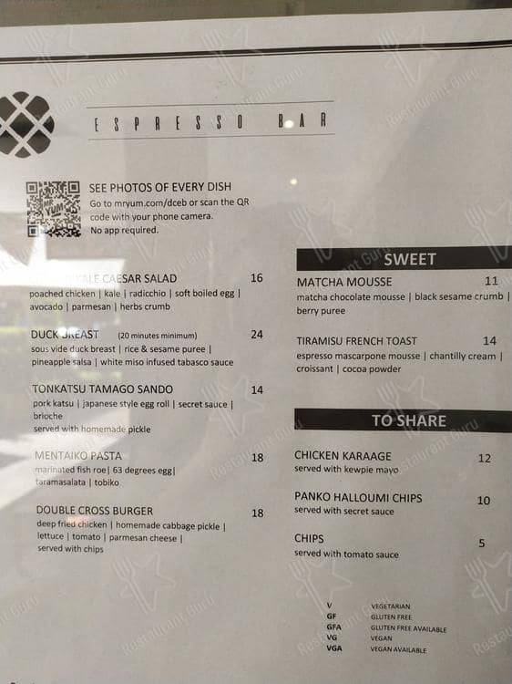 Menu at Double Cross Dining Room cafe, Crows Nest