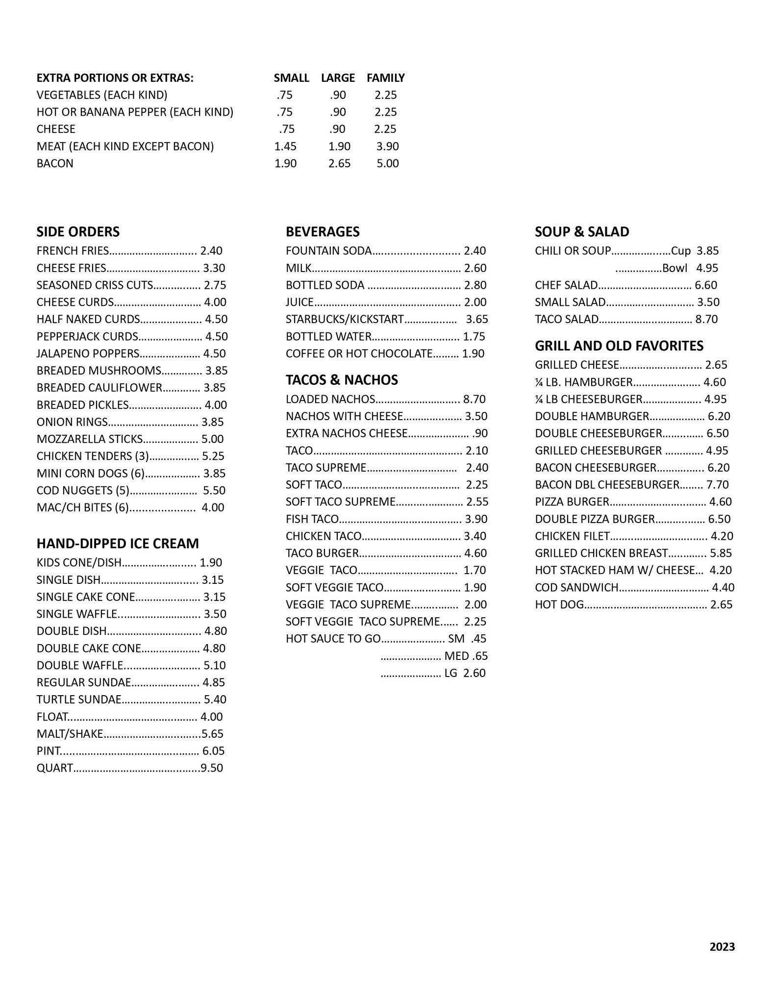 Menu at Downtown Sandwich & Ice Cream restaurant, Menominee