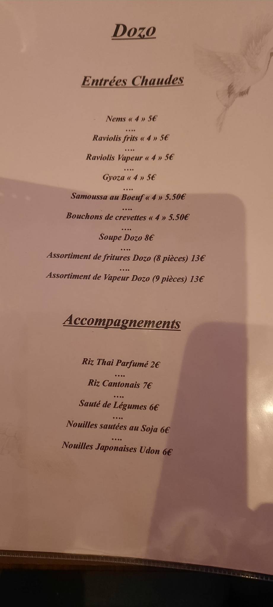 Menu de Dozo