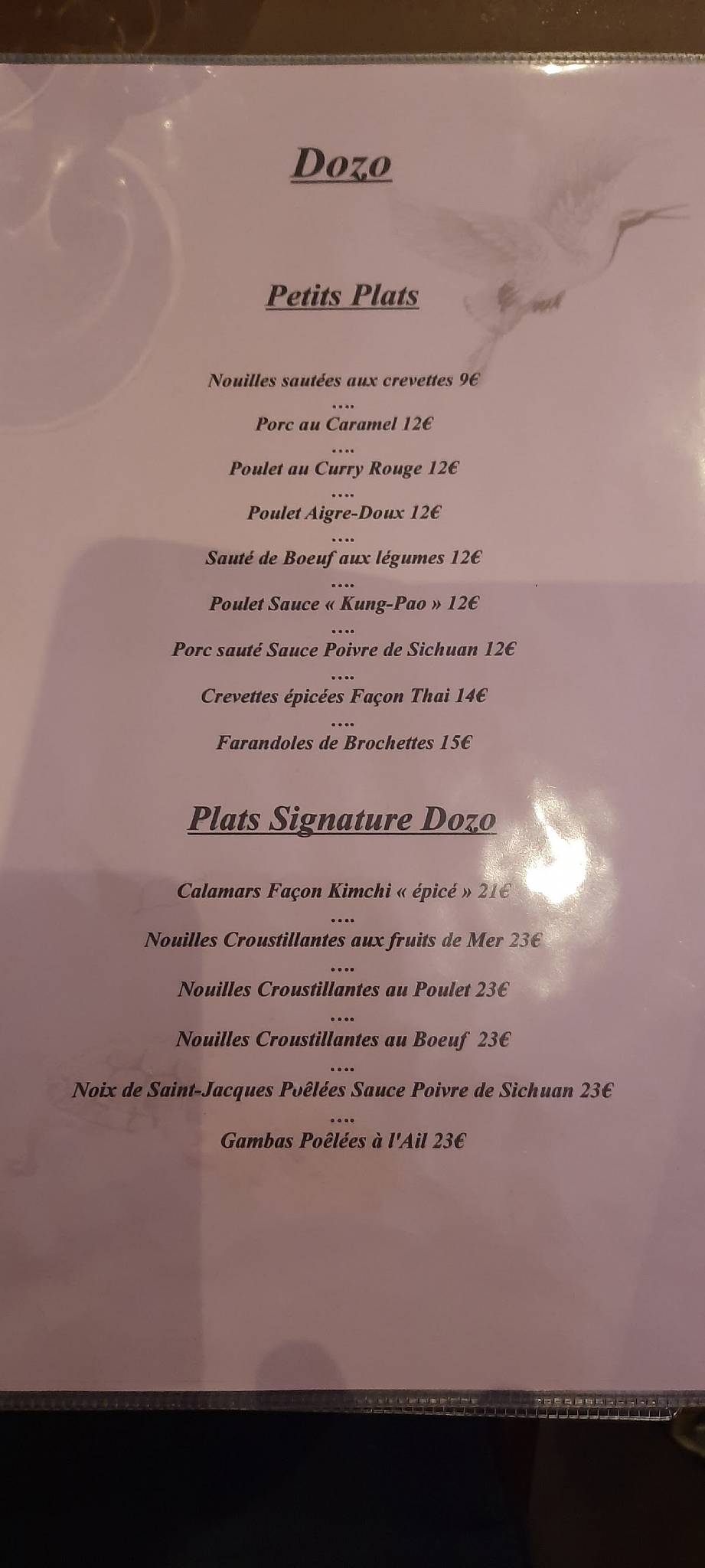 Menu de Dozo