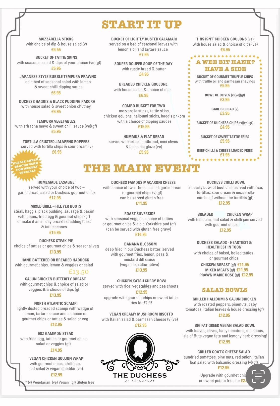 Menu at Duchess of Kirkcaldy restaurant, Kirkcaldy