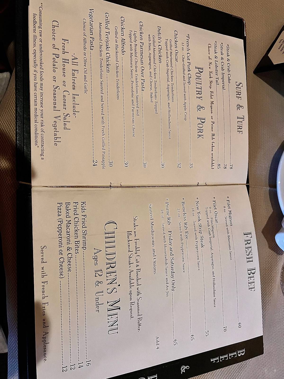Menu at Dutch's Daughter steakhouse, Frederick, 581 Himes Ave